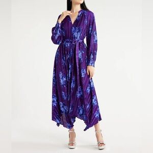 Dark Purple Pleated Floral Midi Dress with Handkerchief Hem